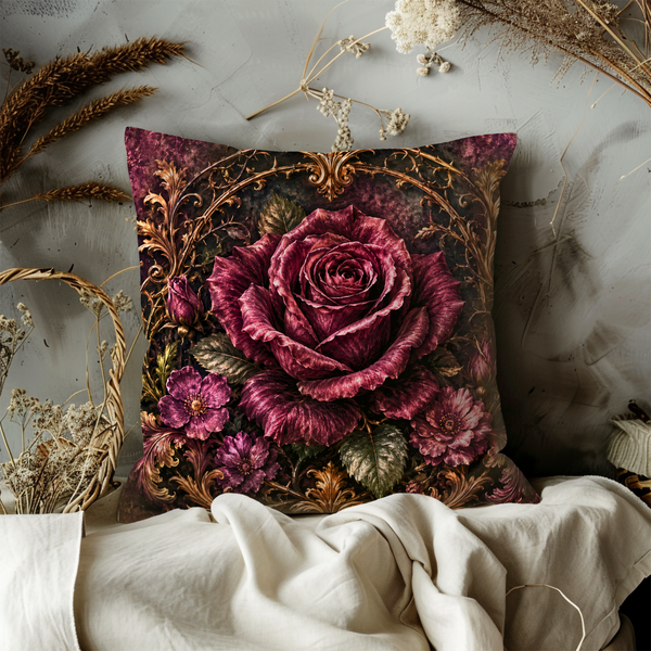 Dark Rose Pillow Cover – Gothic Floral Art | Luxe Baroque Decor