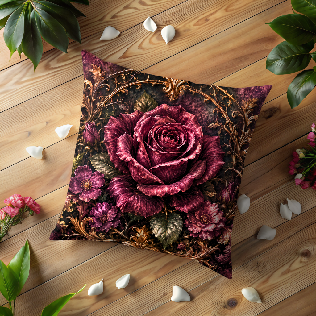 Dark Rose Pillow Cover | Gothic Floral Art | Luxe Baroque Decor