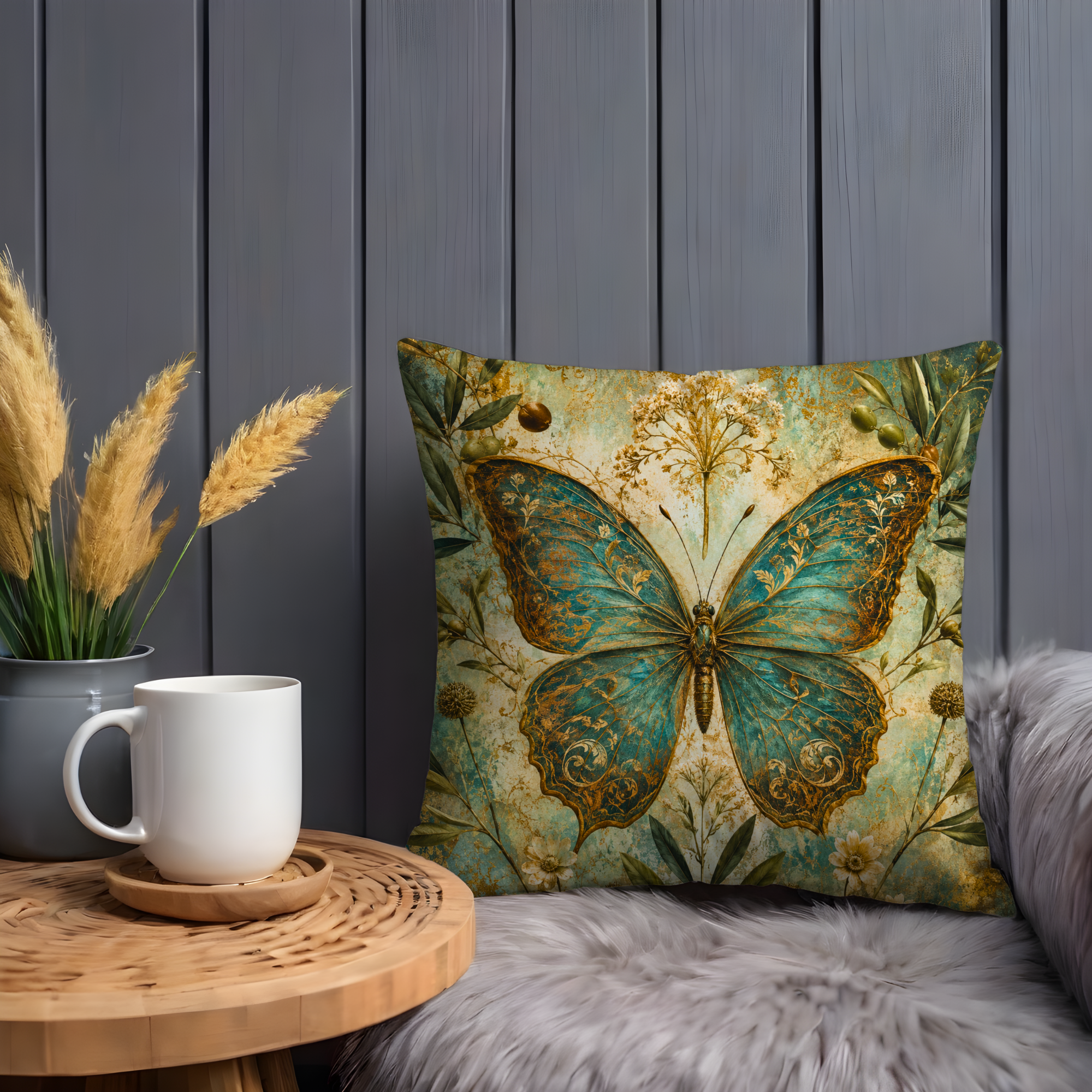 Butterfly Pillow Cover | Gold Botanical Art | Vintage Nature Decor