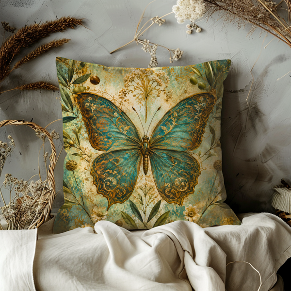 Butterfly Pillow Cover – Gold Botanical Art | Vintage Nature Decor