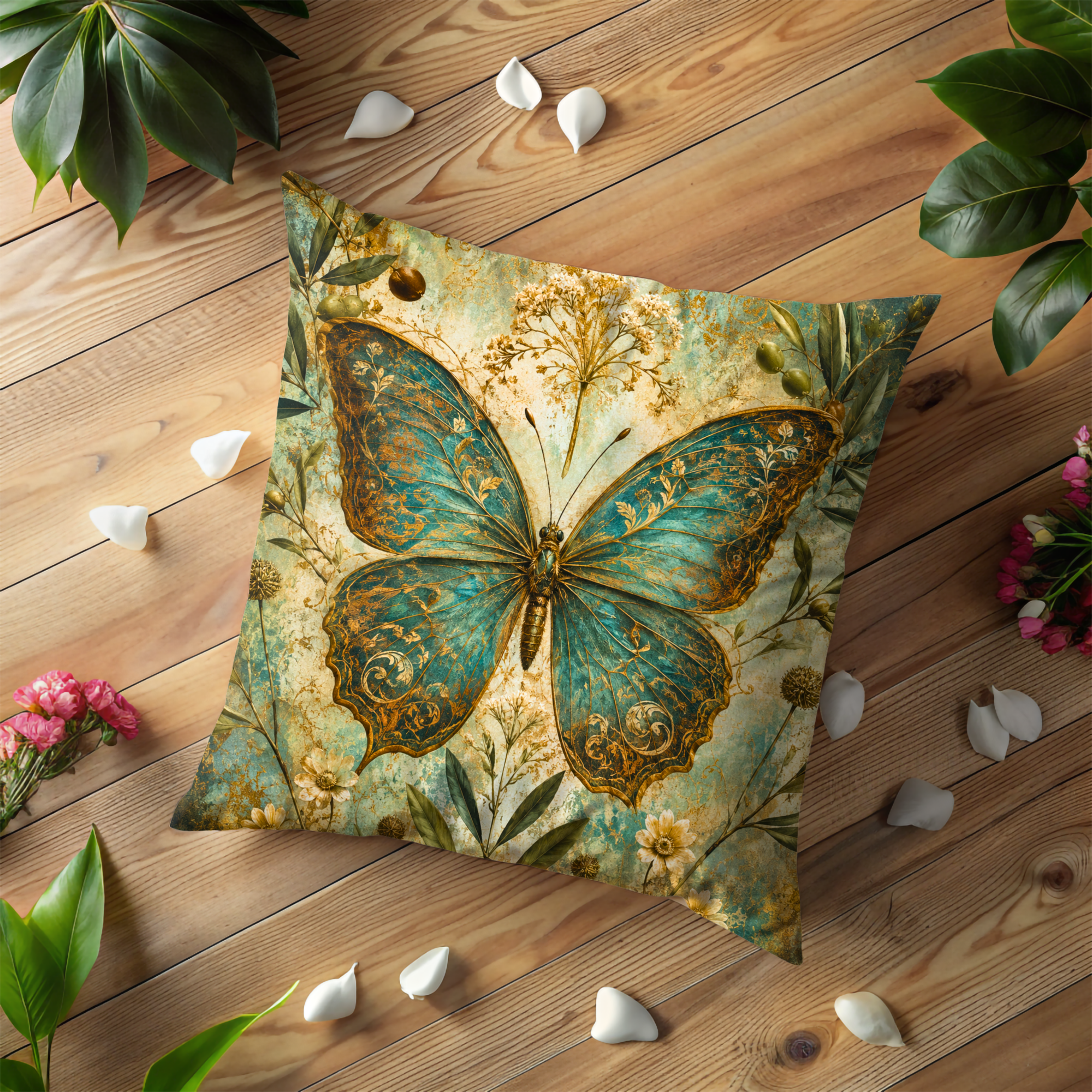 Butterfly Pillow Cover | Gold Botanical Art | Vintage Nature Decor