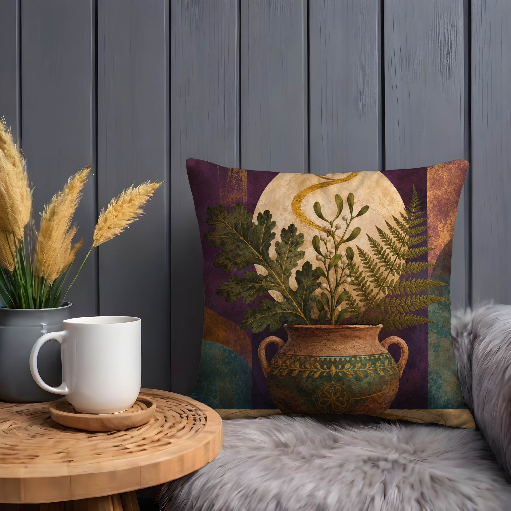 Pagan Moon Urn Pillow Cover | Mystical Oak Mistletoe Art | Spiritual Decor