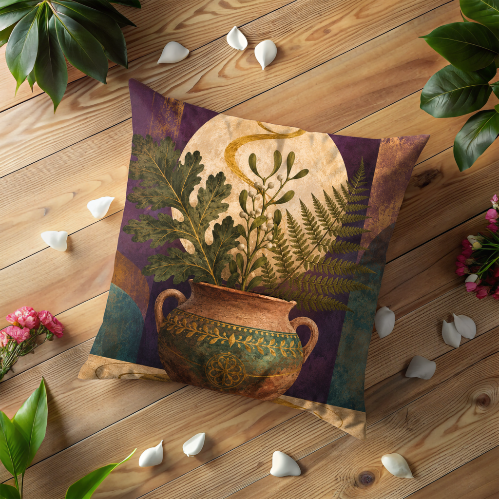 Pagan Moon Urn Pillow Cover | Mystical Oak Mistletoe Art | Spiritual Decor
