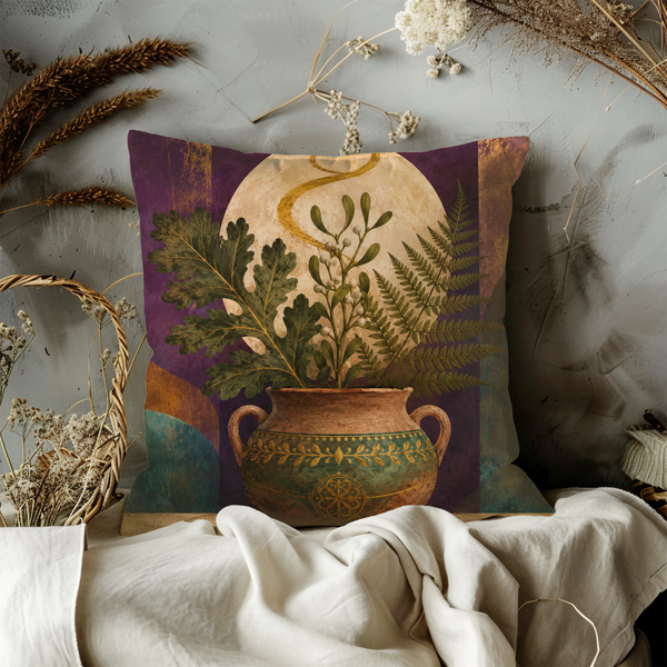 Pagan Moon Urn Pillow Cover – Mystical Oak Mistletoe Art | Spiritual Decor
