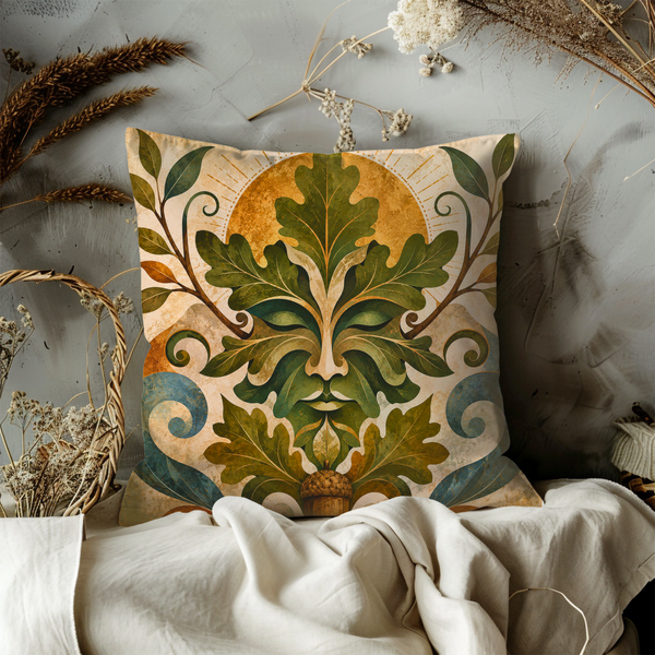 Green Man Pillow Cover – Oak King Art | Pagan Nature Decor