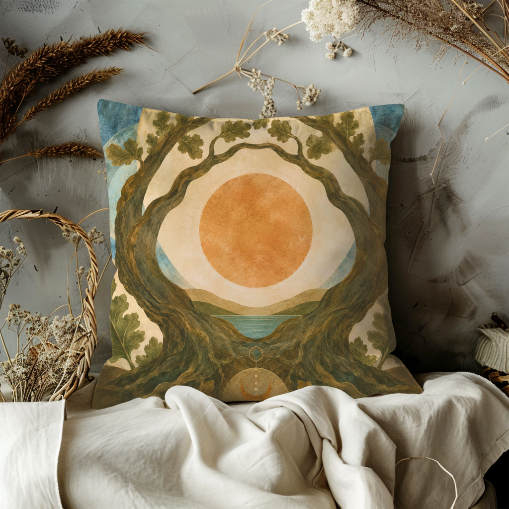 Sacred Tree Pillow Cover | Sun Moon Art | Mystical Nature Decor