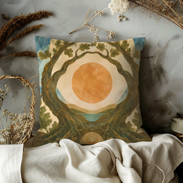 Sacred Tree Pillow Cover – Sun Moon Art | Mystical Nature Decor