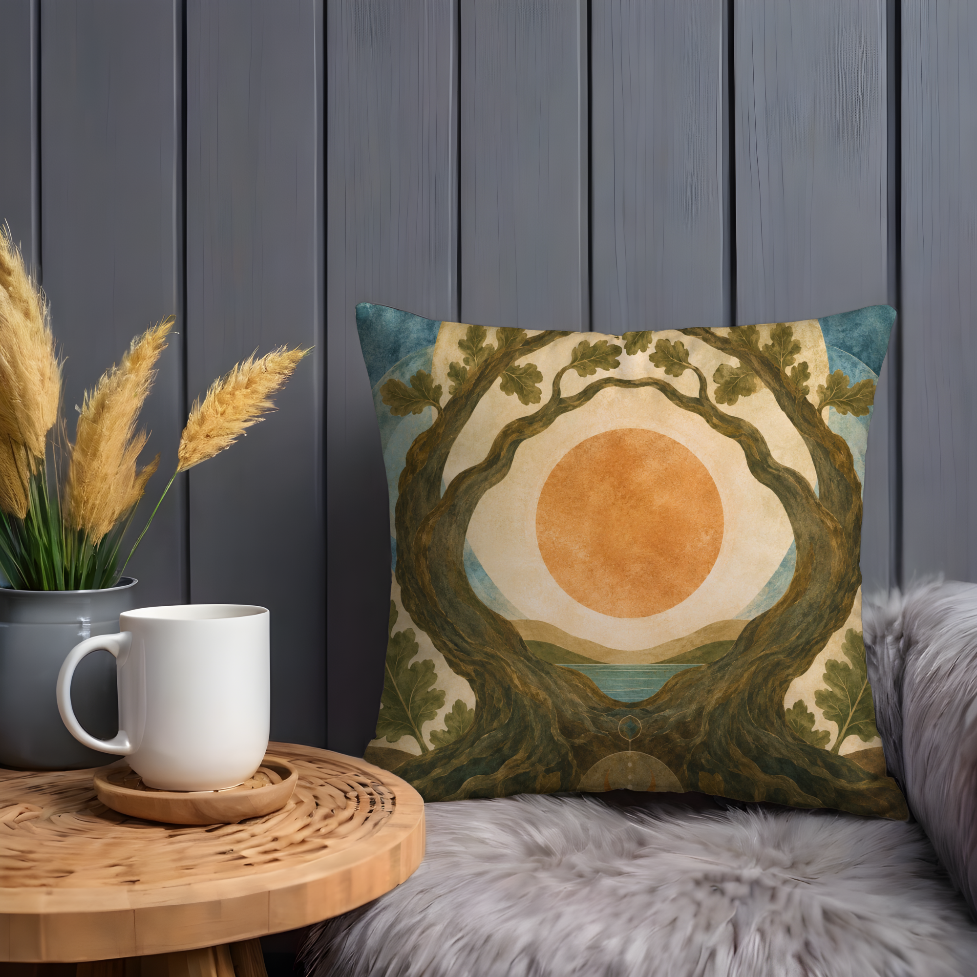 Sacred Tree Pillow Cover | Sun Moon Art | Mystical Nature Decor