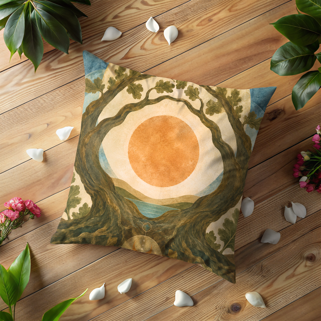 Sacred Tree Pillow Cover | Sun Moon Art | Mystical Nature Decor