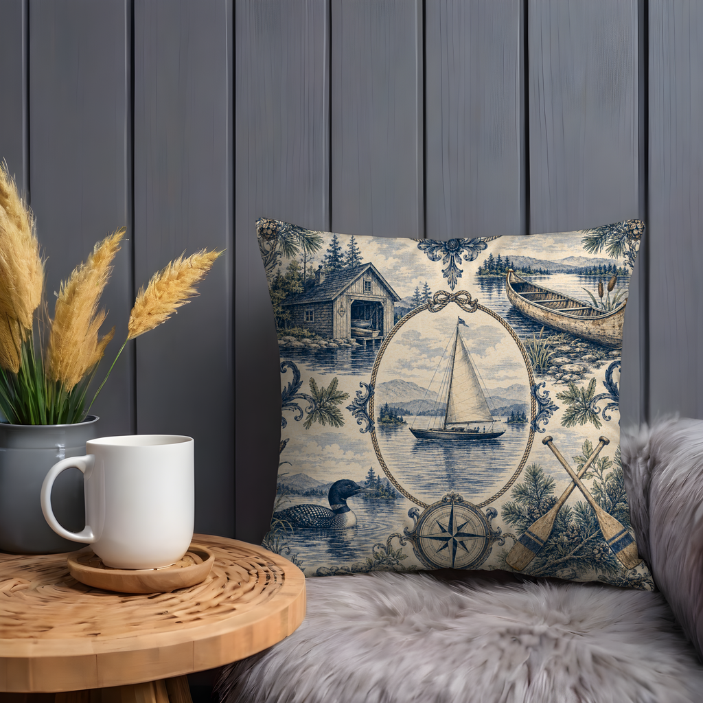 Lake Cabin Toile Pillow Cover | Sailboat Canoe Art | Rustic Decor