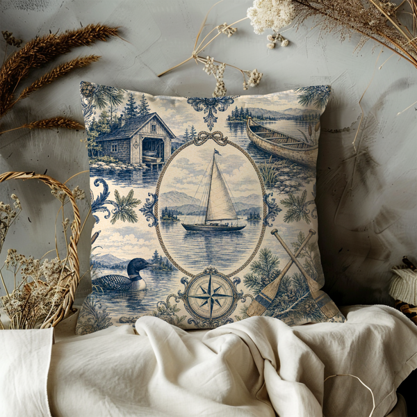 Lake Cabin Toile Pillow Cover – Sailboat Canoe Art | Rustic Decor