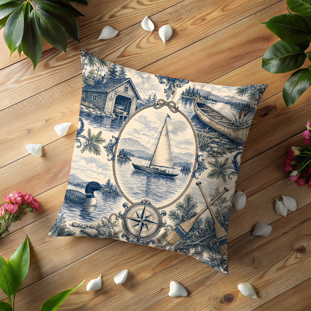 Lake Cabin Toile Pillow Cover | Sailboat Canoe Art | Rustic Decor