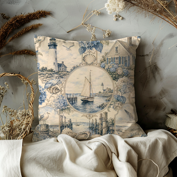 Coastal Toile Pillow Cover – Lighthouse Sailboat Art | Maritime Decor