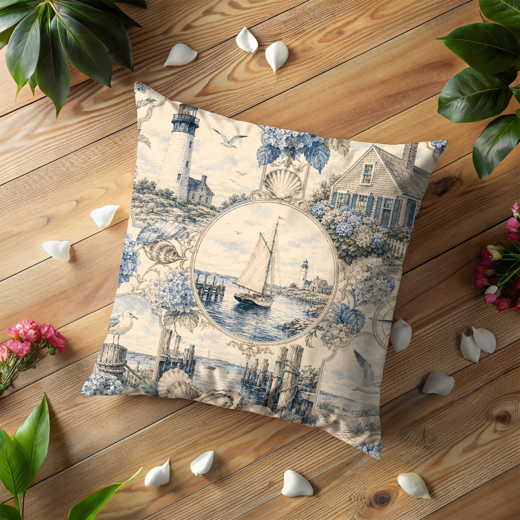 Coastal Toile Pillow Cover | Lighthouse Sailboat Art | Maritime Decor