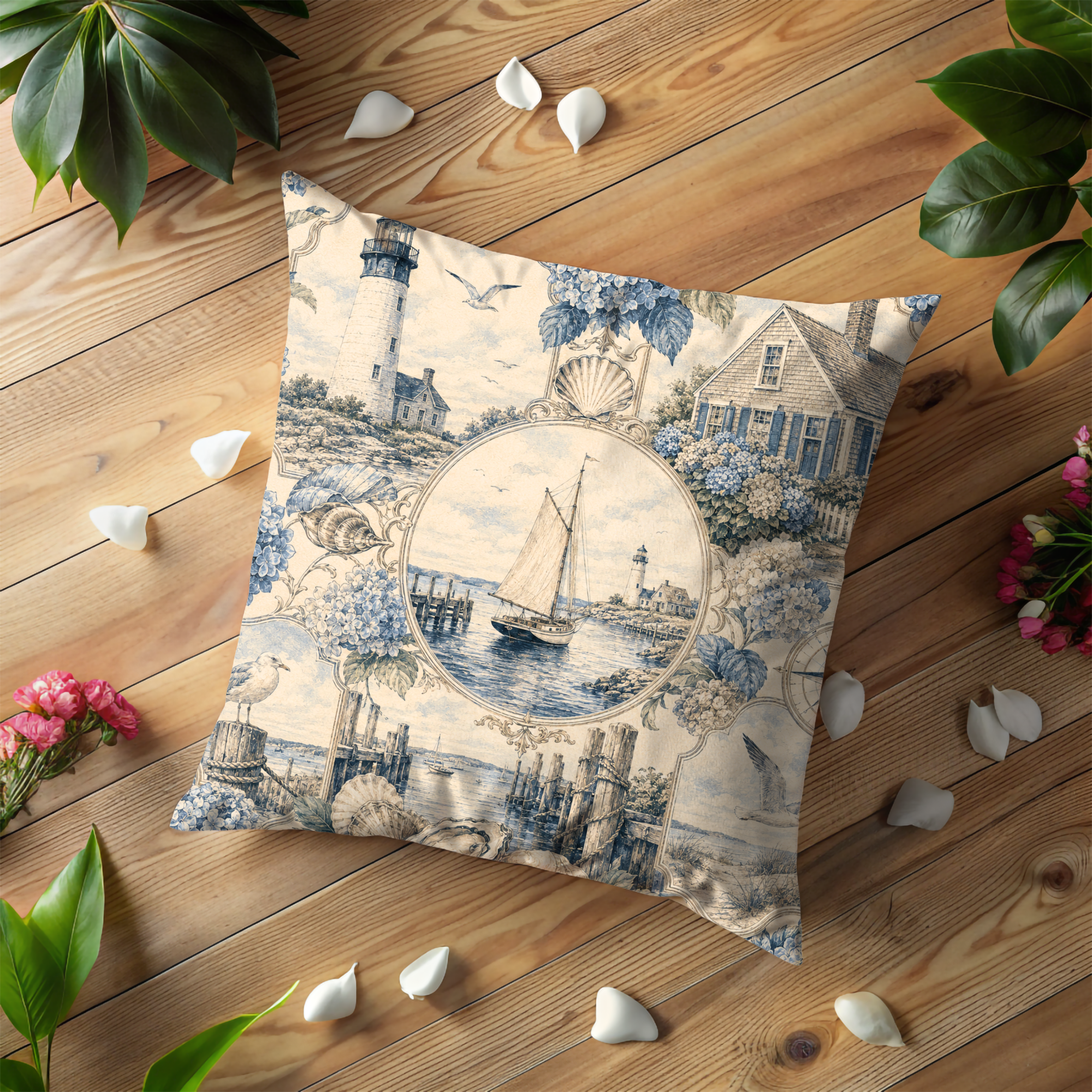 Coastal Toile Pillow Cover | Lighthouse Sailboat Art | Maritime Decor
