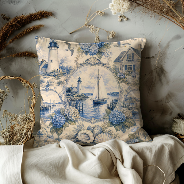 Coastal Toile Pillow Cover – Lighthouse Sailboat Art | Maritime Decor