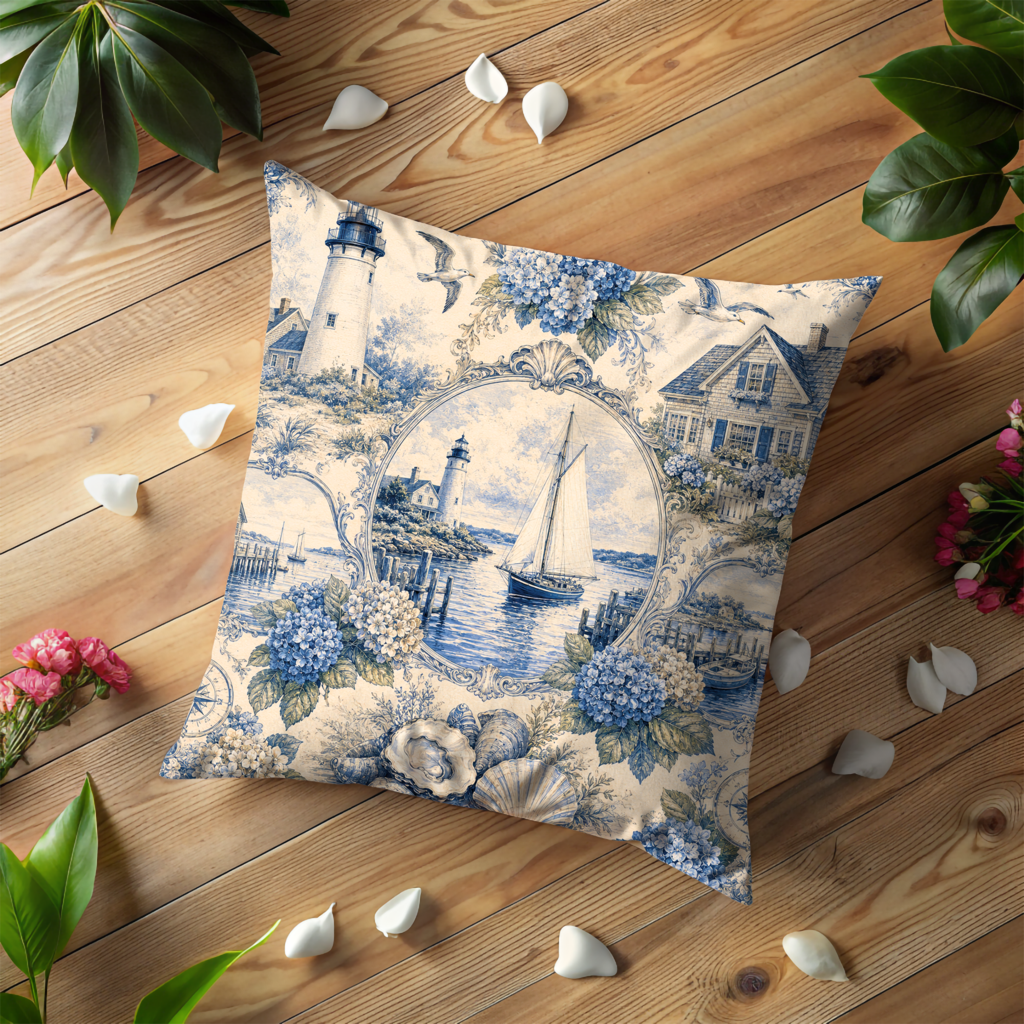 Coastal Toile Pillow Cover | Lighthouse Sailboat Art | Maritime Decor