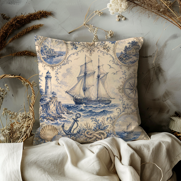 Nautical Toile Pillow Cover – Sailing Ship Art | Maritime Decor