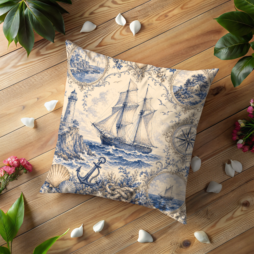 Nautical Toile Pillow Cover – Sailing Ship Art | Maritime Decor