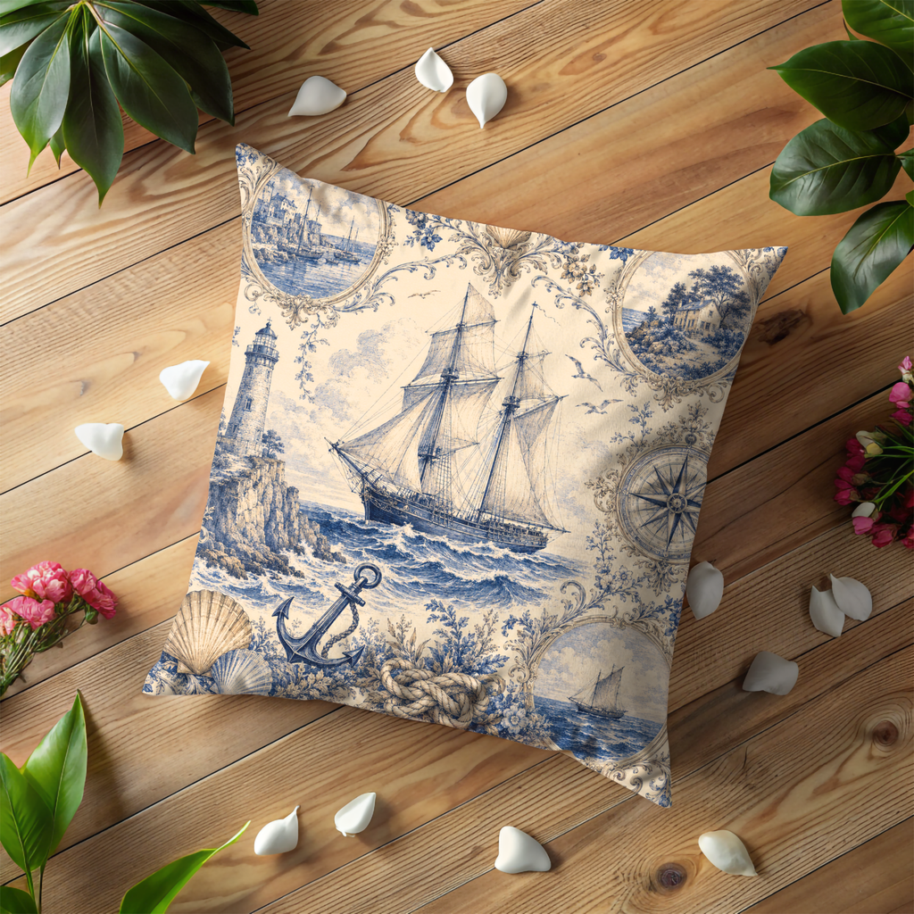 Nautical Toile Pillow Cover | Sailing Ship Art | Maritime Decor
