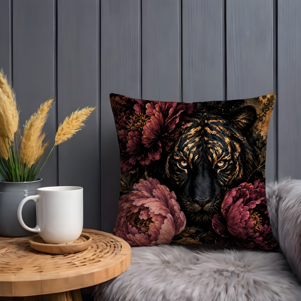 Tiger Peonies Pillow Cover | Dark Romantic Art | Gothic Animal Decor