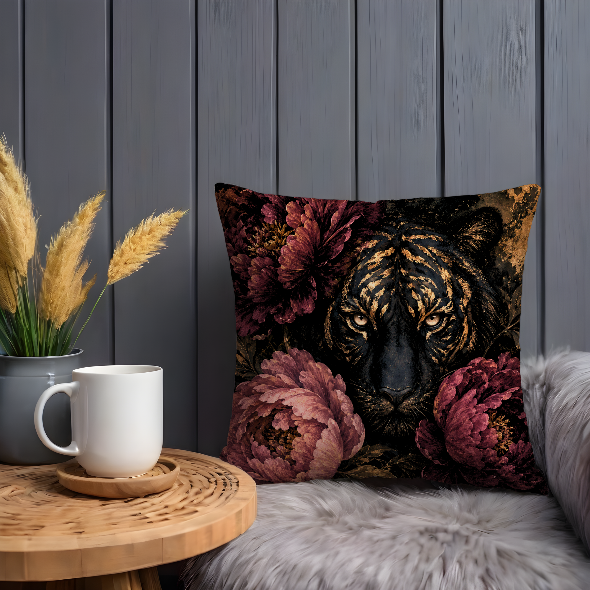 Tiger Peonies Pillow Cover | Dark Romantic Art | Gothic Animal Decor
