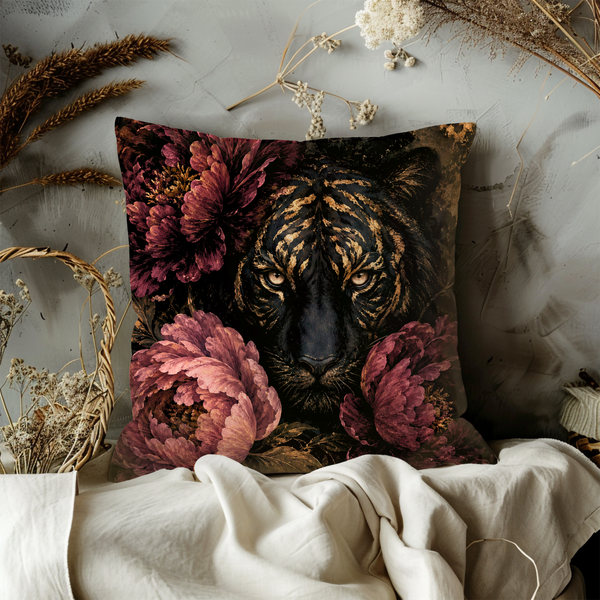 Tiger Peonies Pillow Cover – Dark Romantic Art | Gothic Animal Decor