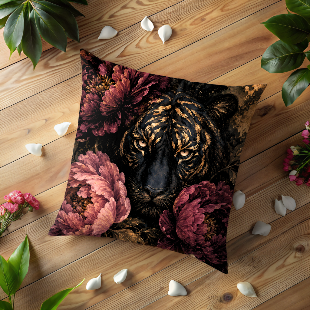 Tiger Peonies Pillow Cover | Dark Romantic Art | Gothic Animal Decor