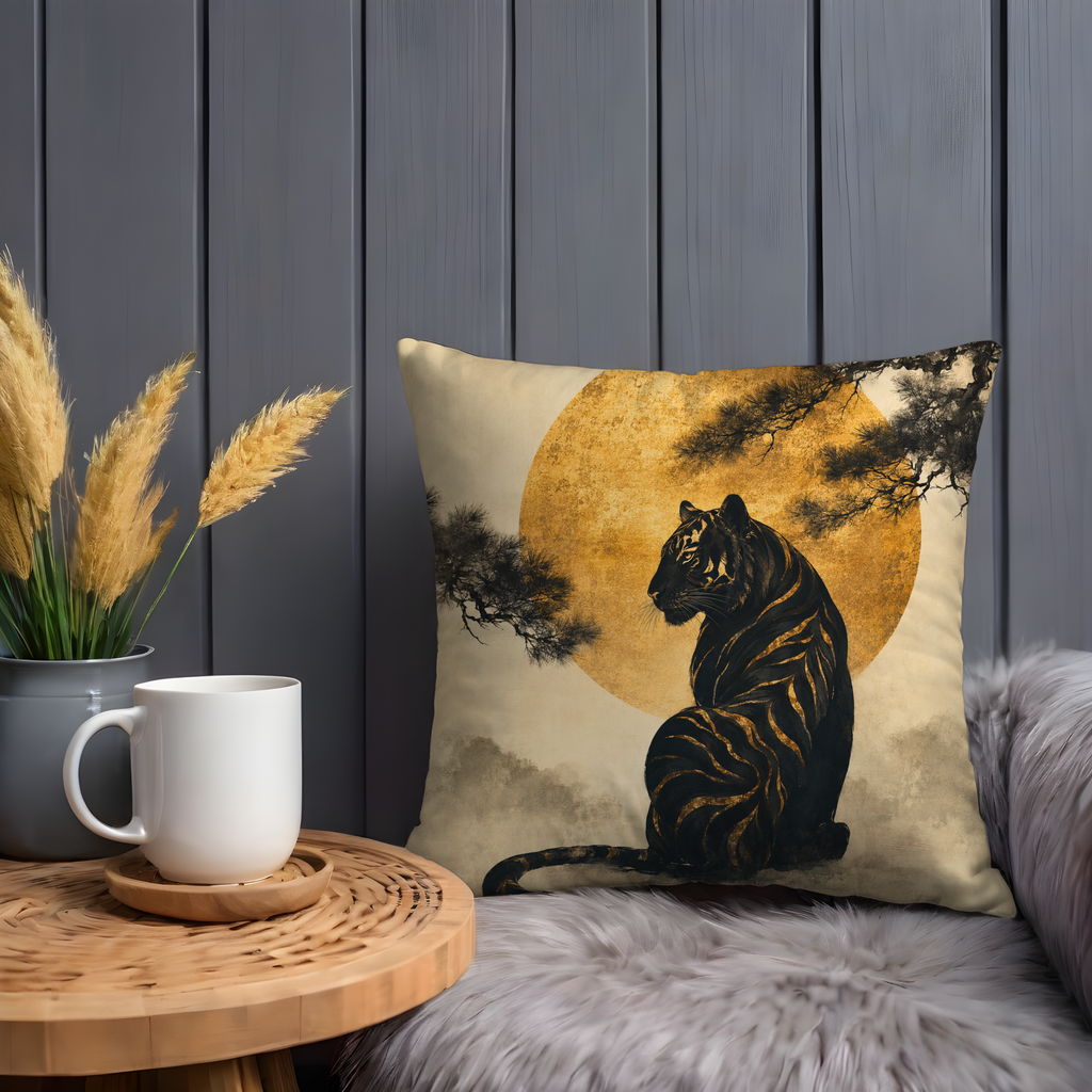 Tiger Moon Pillow Cover | Mystical Gold Art | Asian Inspired Decor