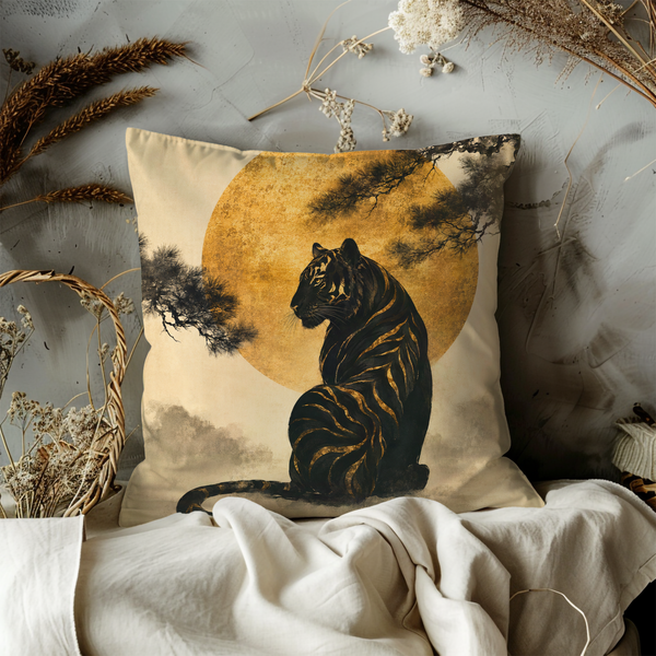 Tiger Moon Pillow Cover – Mystical Gold Art | Asian Inspired Decor