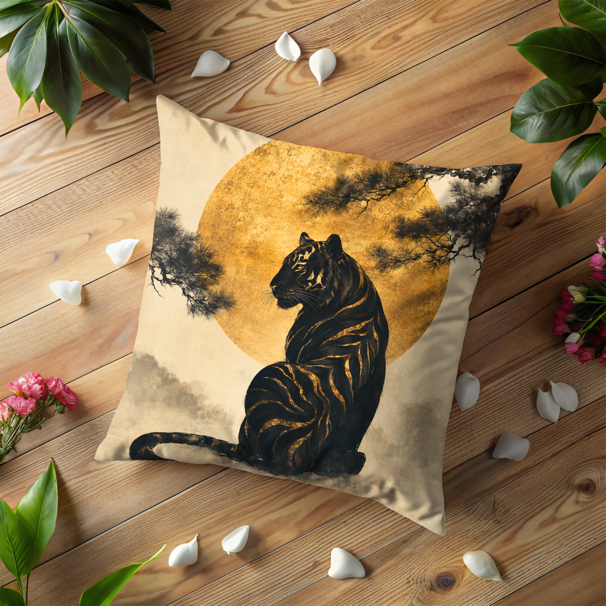 Tiger Moon Pillow Cover | Mystical Gold Art | Asian Inspired Decor