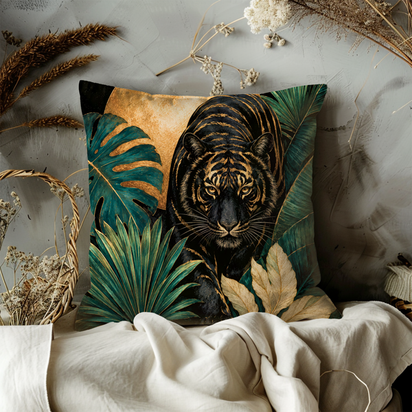 Jungle Tiger Pillow Cover – Gold Tropical Art | Luxe Animal Decor