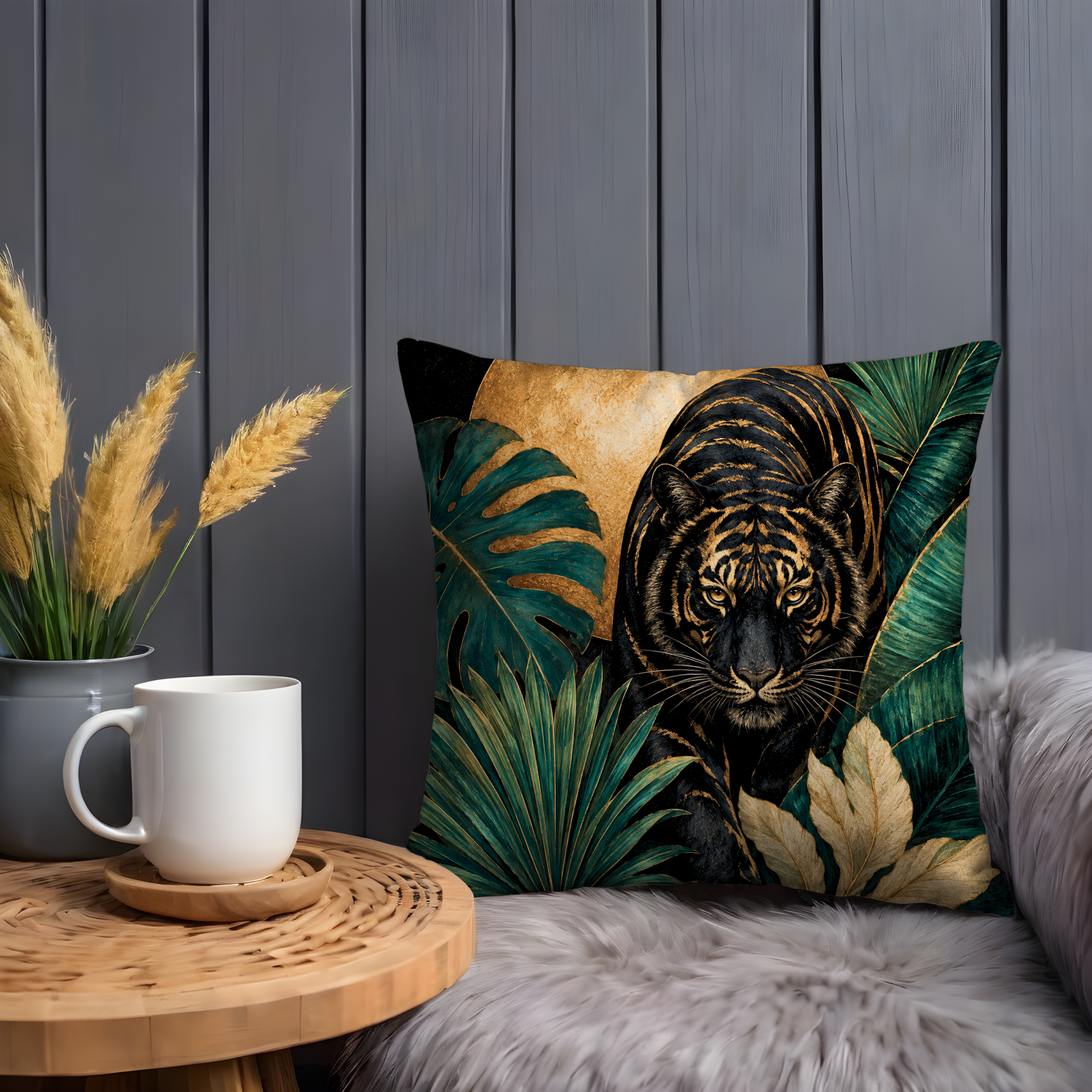 Jungle Tiger Pillow Cover | Gold Tropical Art | Luxe Animal Decor