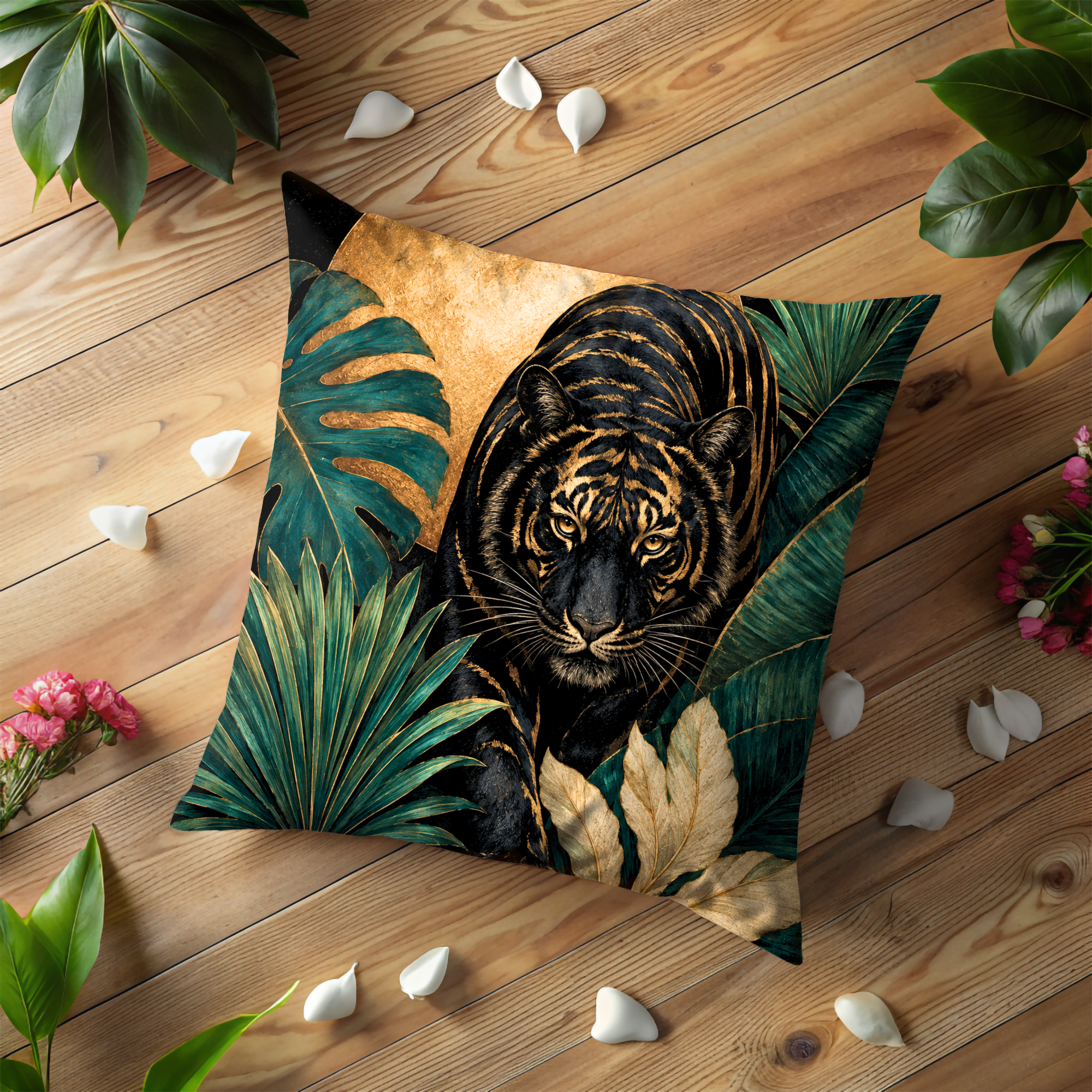 Jungle Tiger Pillow Cover | Gold Tropical Art | Luxe Animal Decor