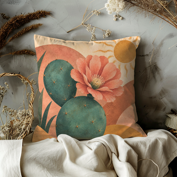 Cactus Flower Pillow Cover – Abstract Desert Art | Boho Decor