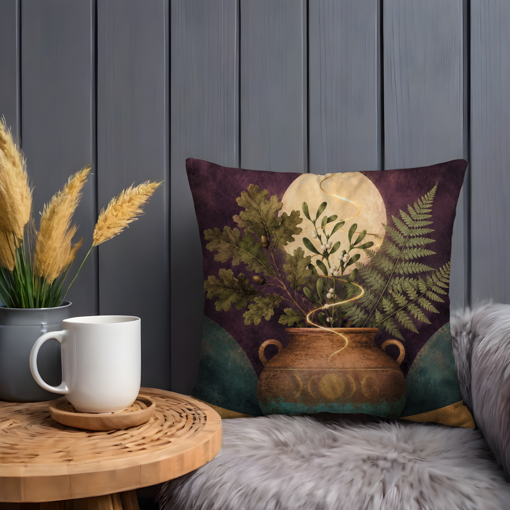 Pagan Moon Urn Pillow Cover | Mystical Oak Mistletoe Art | Spiritual Decor