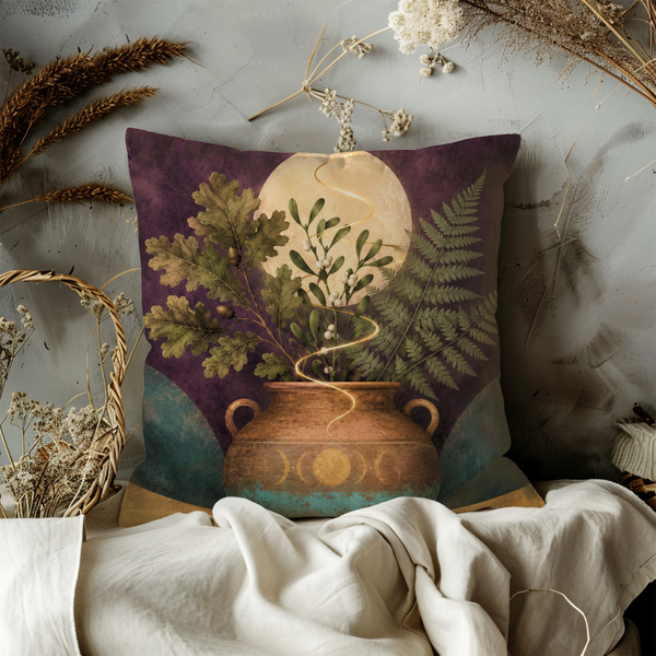 Pagan Moon Urn Pillow Cover – Mystical Oak Mistletoe Art | Spiritual Decor