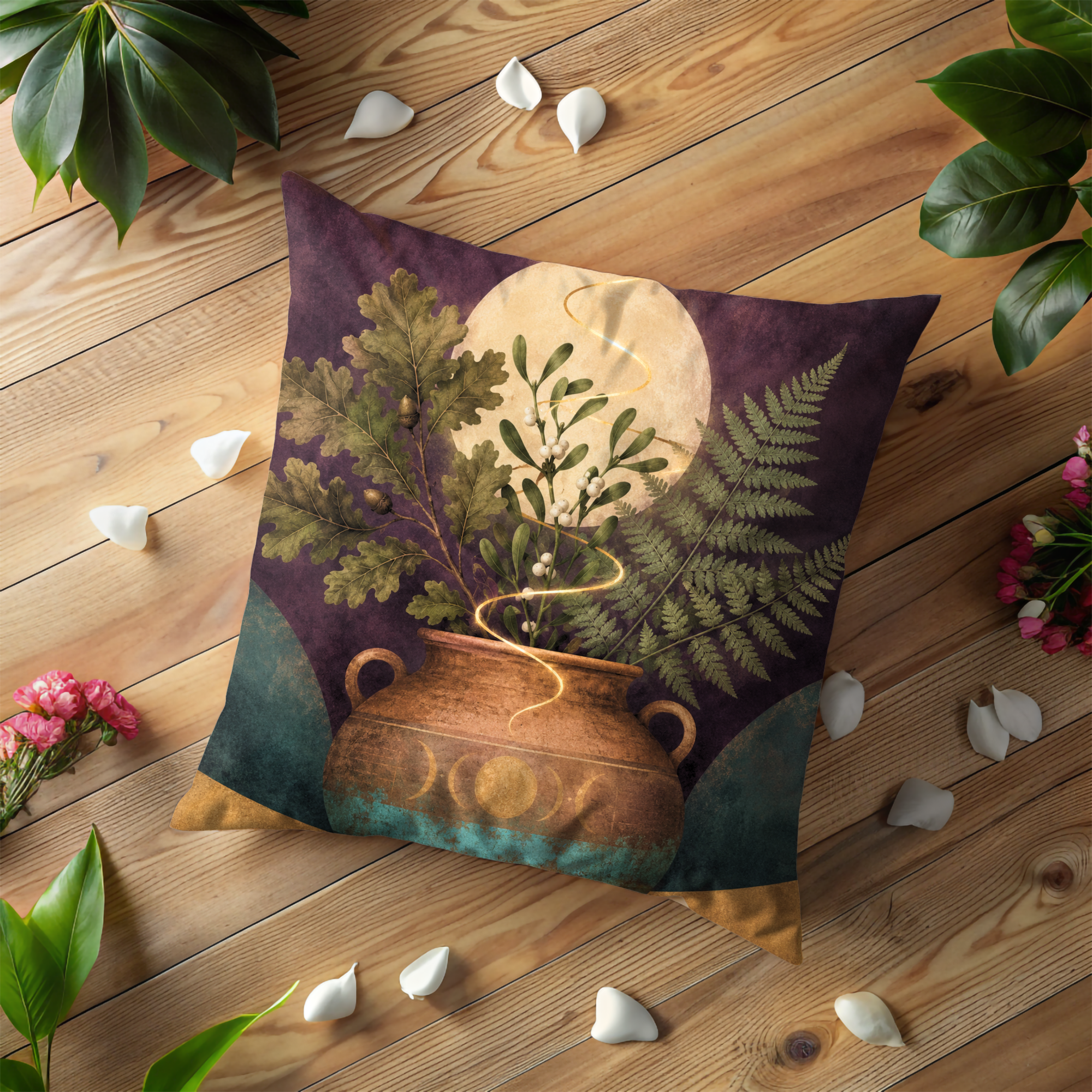 Pagan Moon Urn Pillow Cover | Mystical Oak Mistletoe Art | Spiritual Decor