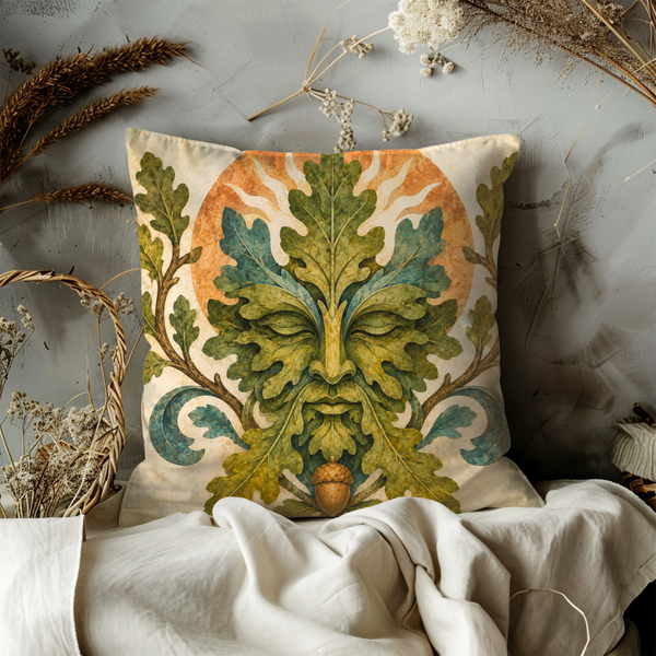 Green Man Pillow Cover – Oak King Art | Pagan Nature Decor