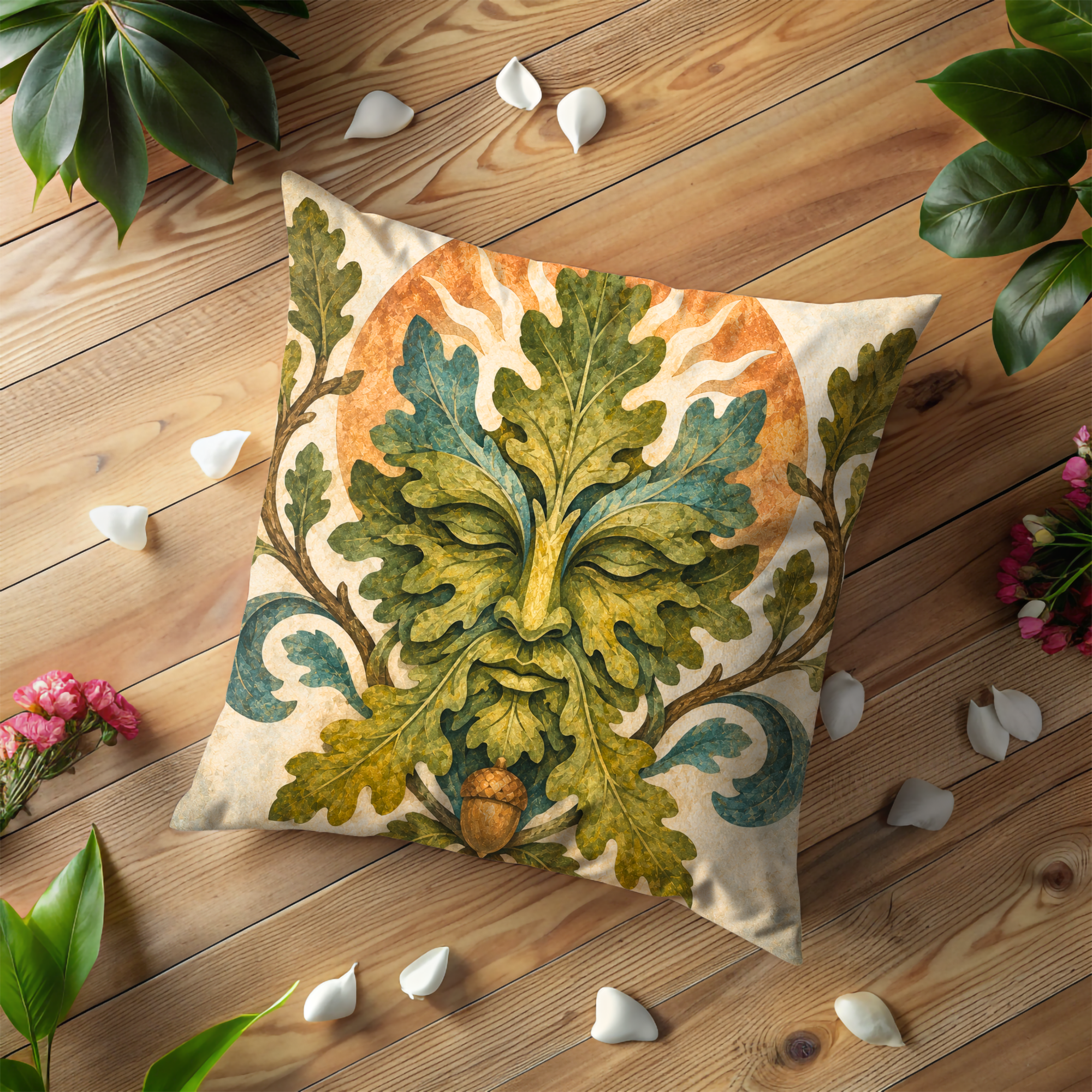Green Man Pillow Cover | Oak King Art | Pagan Nature Decor