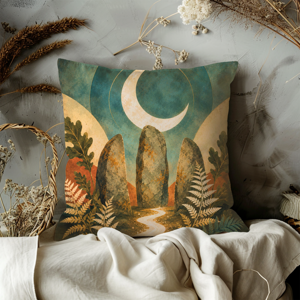 Standing Stones Pillow Cover – Mystical Moon Art | Pagan Landscape Decor