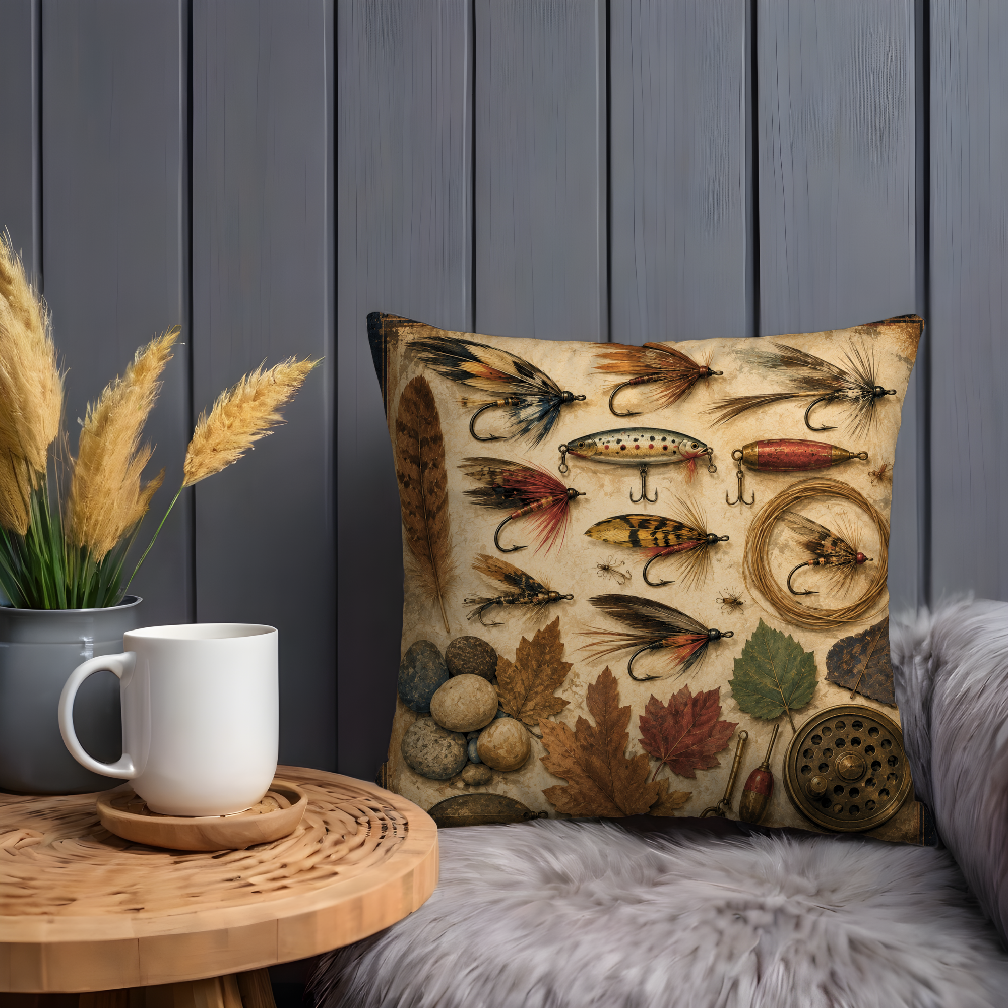 Fishing Flies Pillow Cover | Vintage Rustic Art | Cabin Decor
