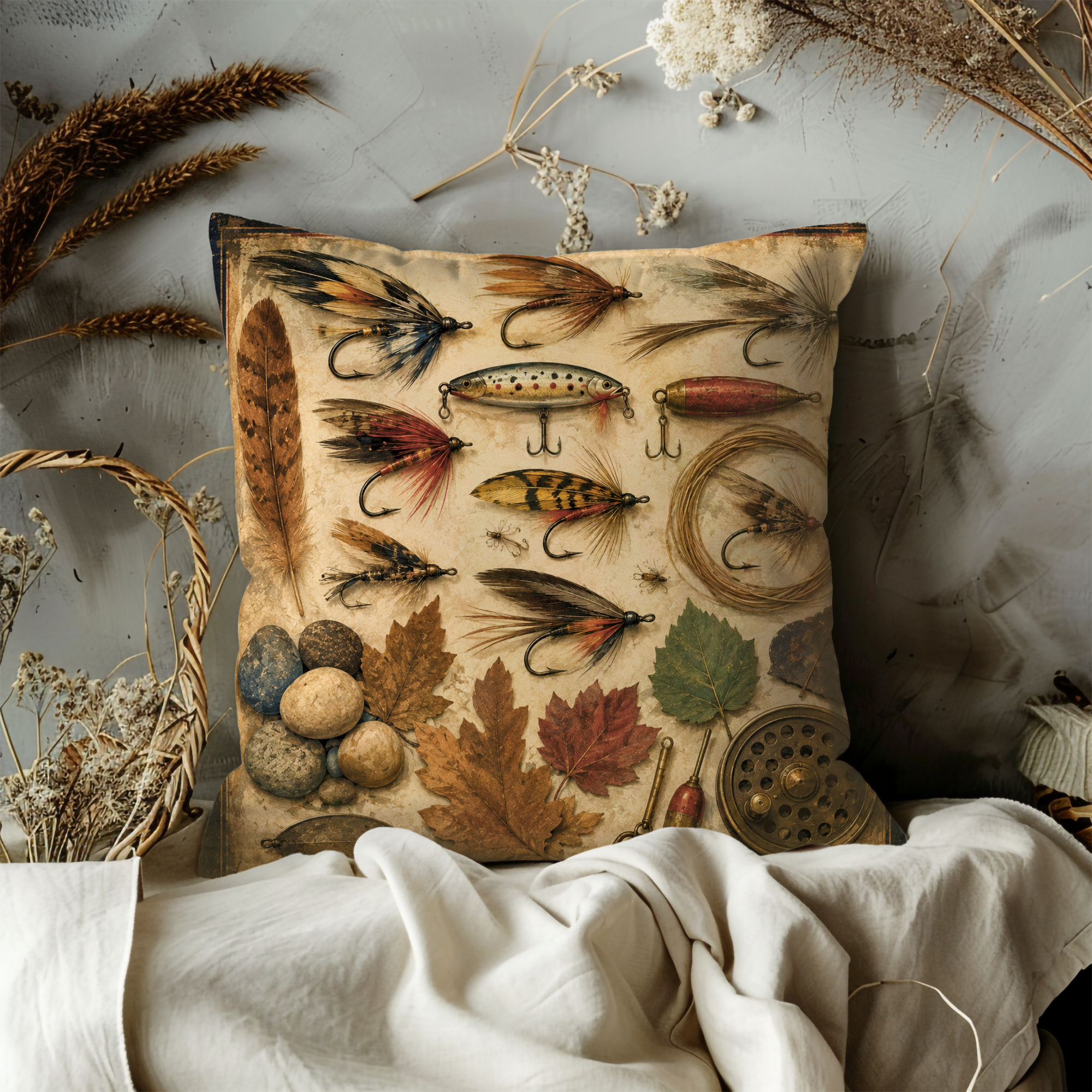 Fishing Flies Pillow Cover | Vintage Rustic Art | Cabin Decor