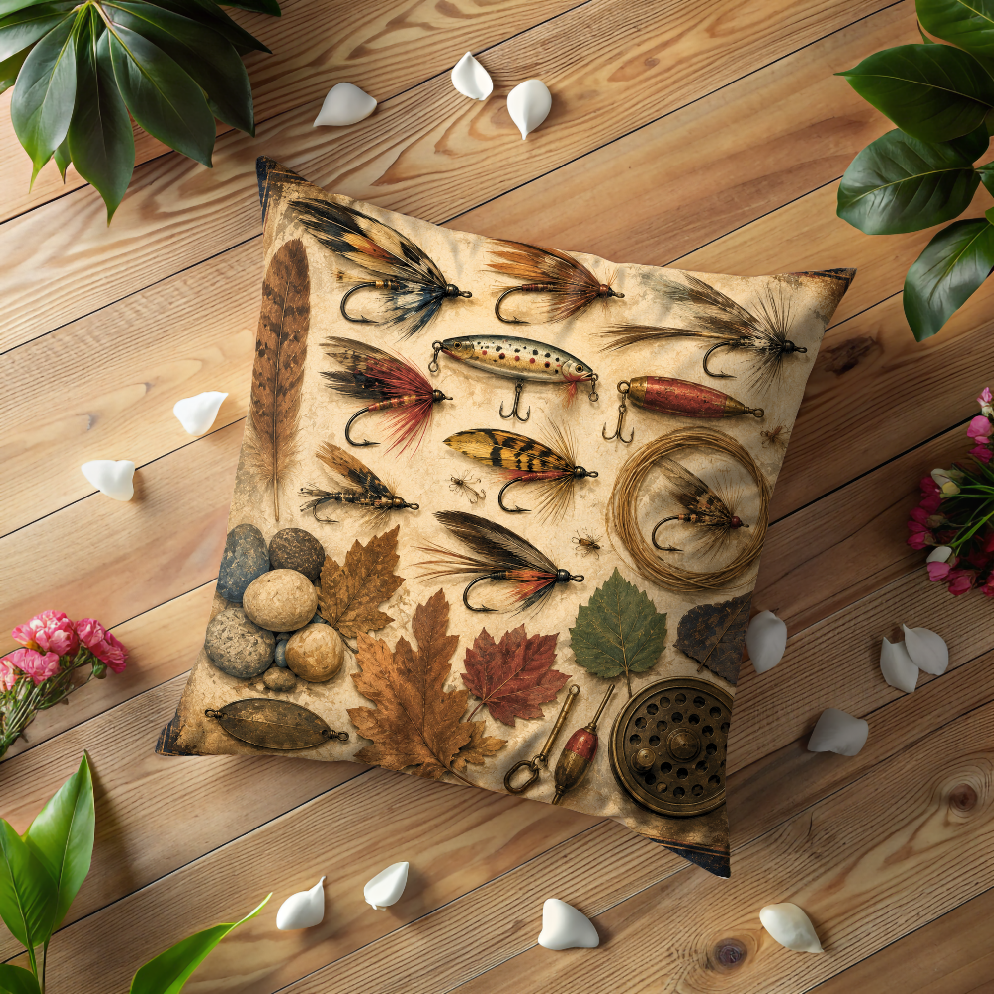 Fishing Flies Pillow Cover | Vintage Rustic Art | Cabin Decor