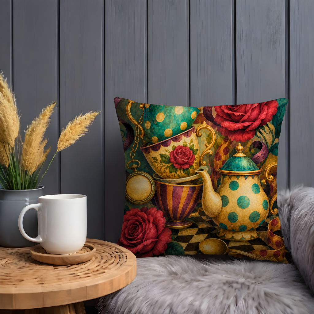 Alice Teacup Pillow Cover | Mad Hatter Tea Party Art | Gothic Wonderland Decor