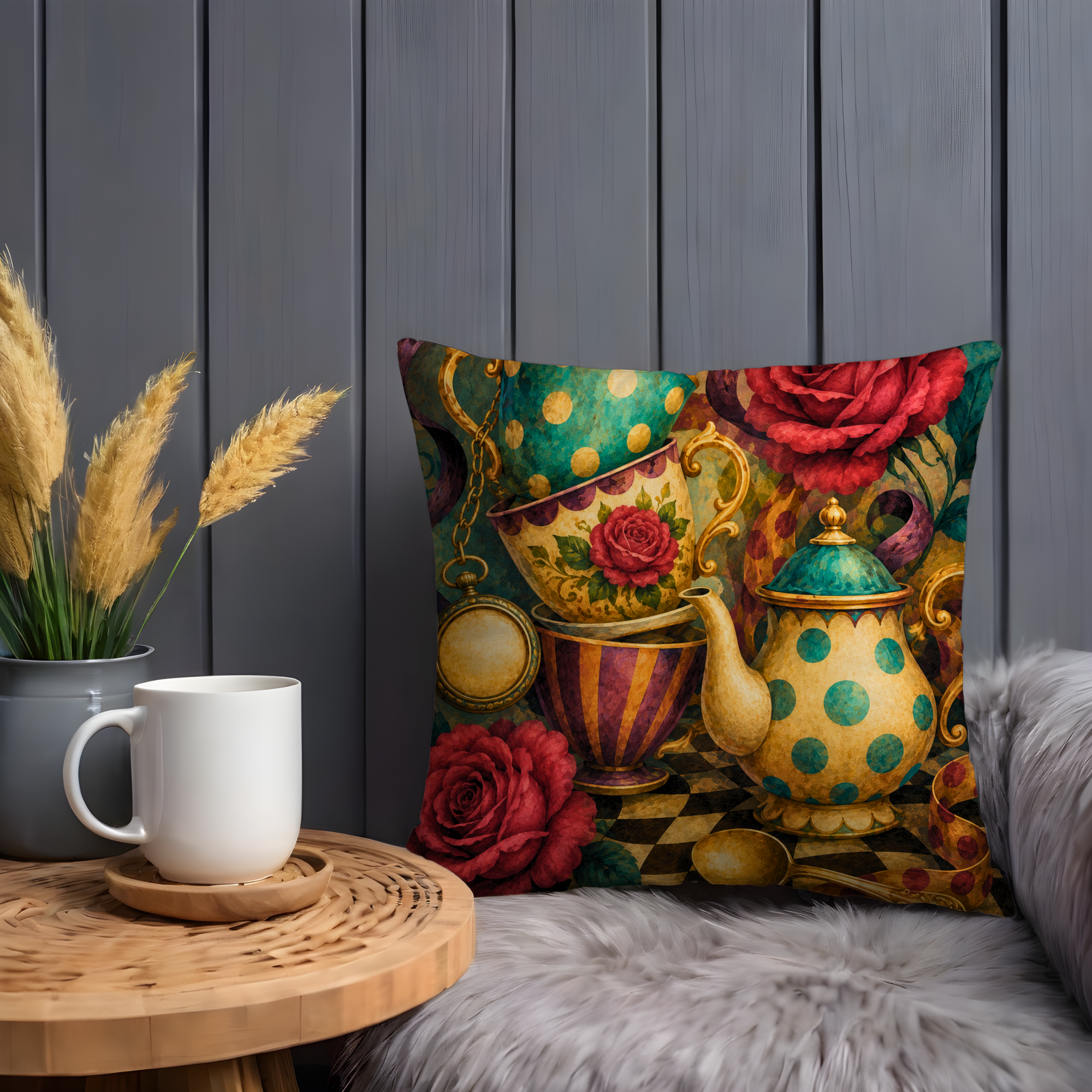 Alice Teacup Pillow Cover | Mad Hatter Tea Party Art | Gothic Wonderland Decor