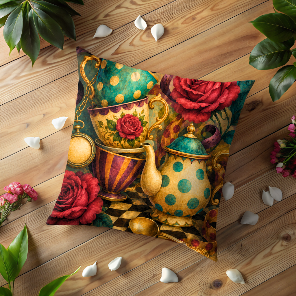 Alice Teacup Pillow Cover | Mad Hatter Tea Party Art | Gothic Wonderland Decor
