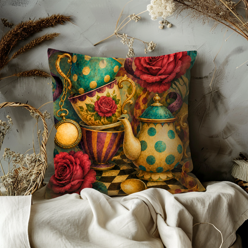 Alice Teacup Pillow Cover – Mad Hatter Tea Party Art | Gothic Wonderland Decor