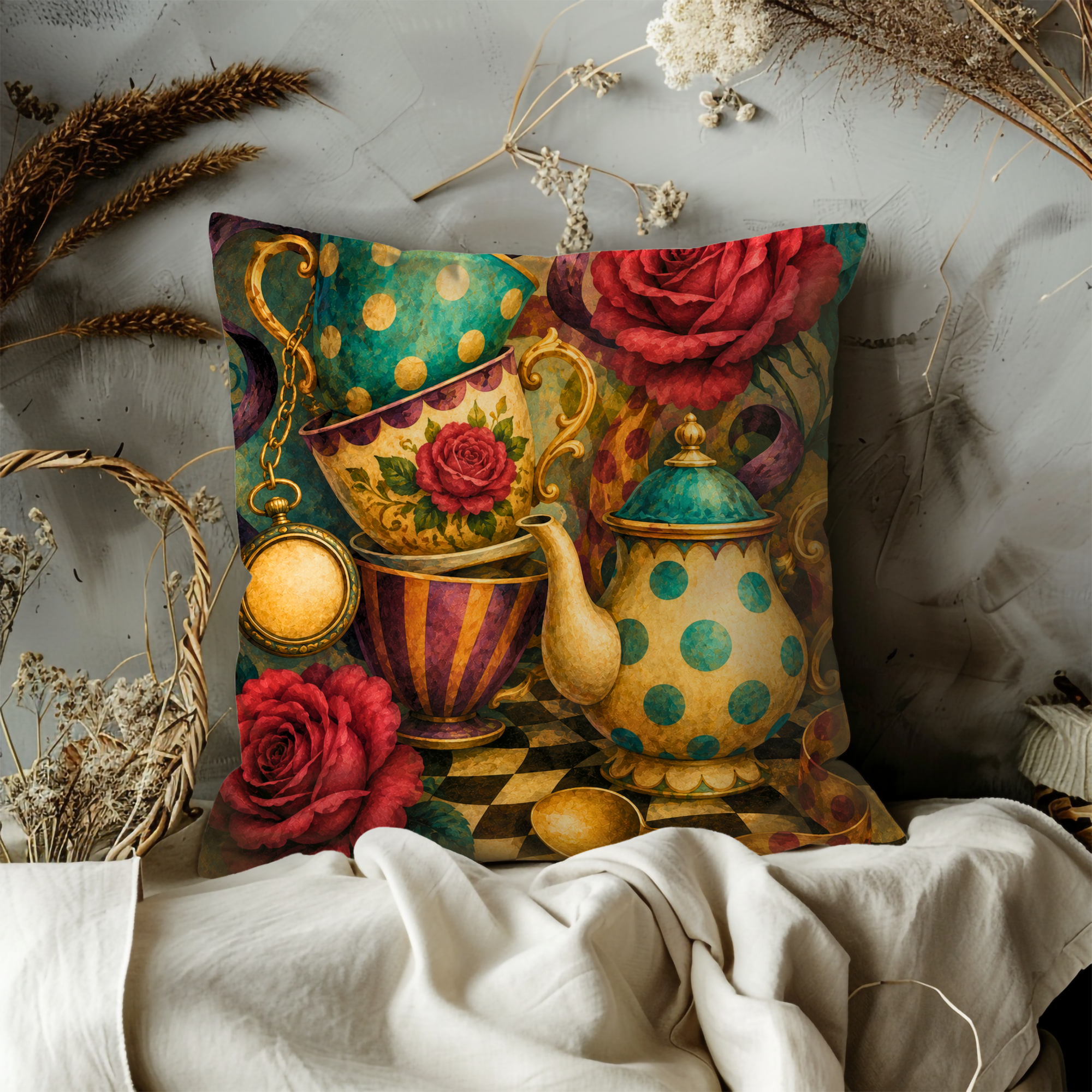 Alice Teacup Pillow Cover | Mad Hatter Tea Party Art | Gothic Wonderland Decor