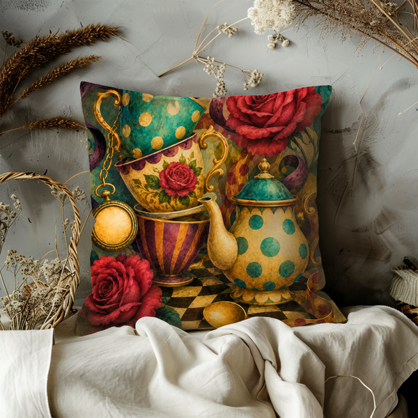 Alice Teacup Pillow Cover – Mad Hatter Tea Party Art | Gothic Wonderland Decor